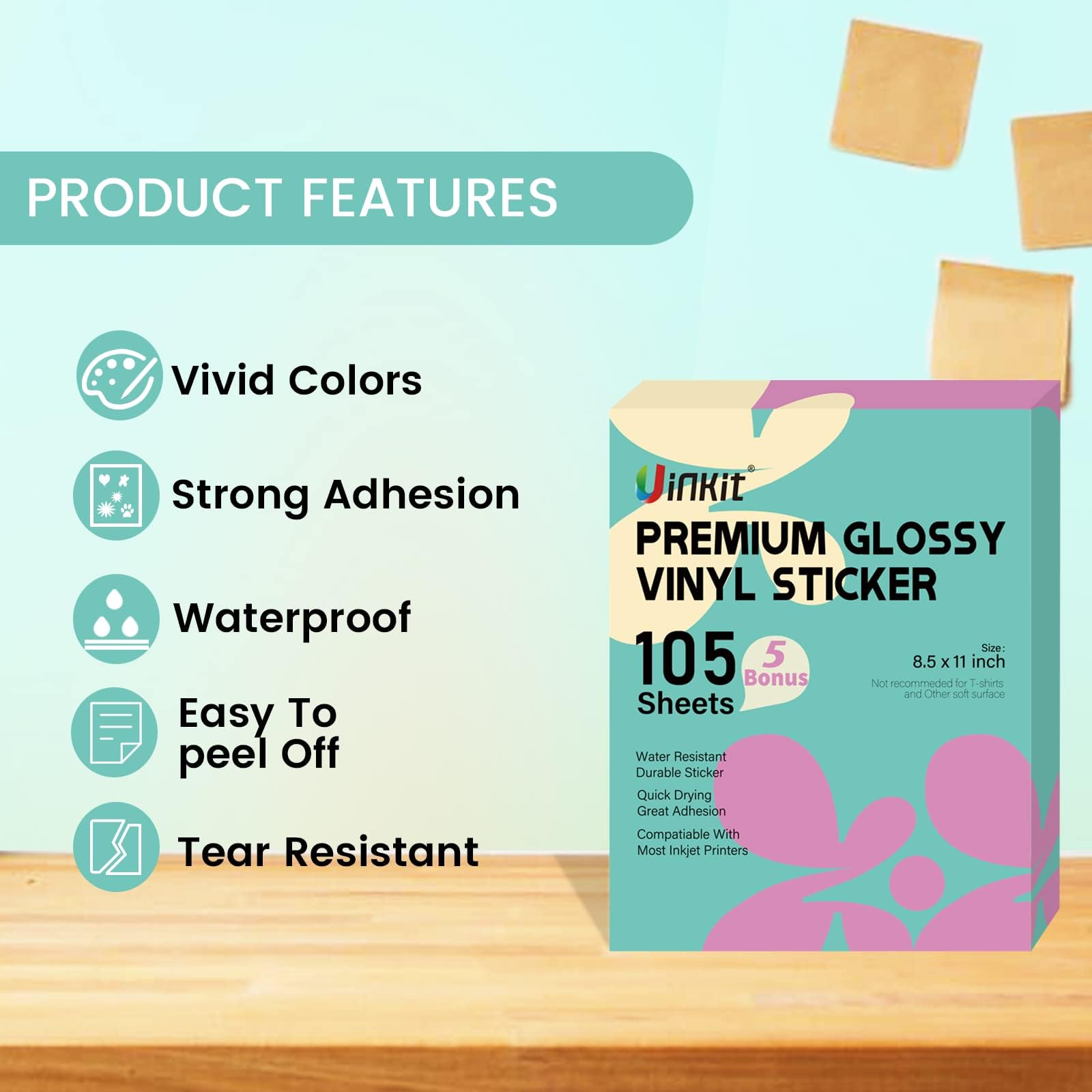 Uinkit 105 Sheets Premium Printable Vinyl Sticker Paper for Inkjet Printer Cricut,included 100Sheets Glossy and 5Sheets Clear Label Waterproof Adhesive Dries Quickly Tear-Resistant, Removable