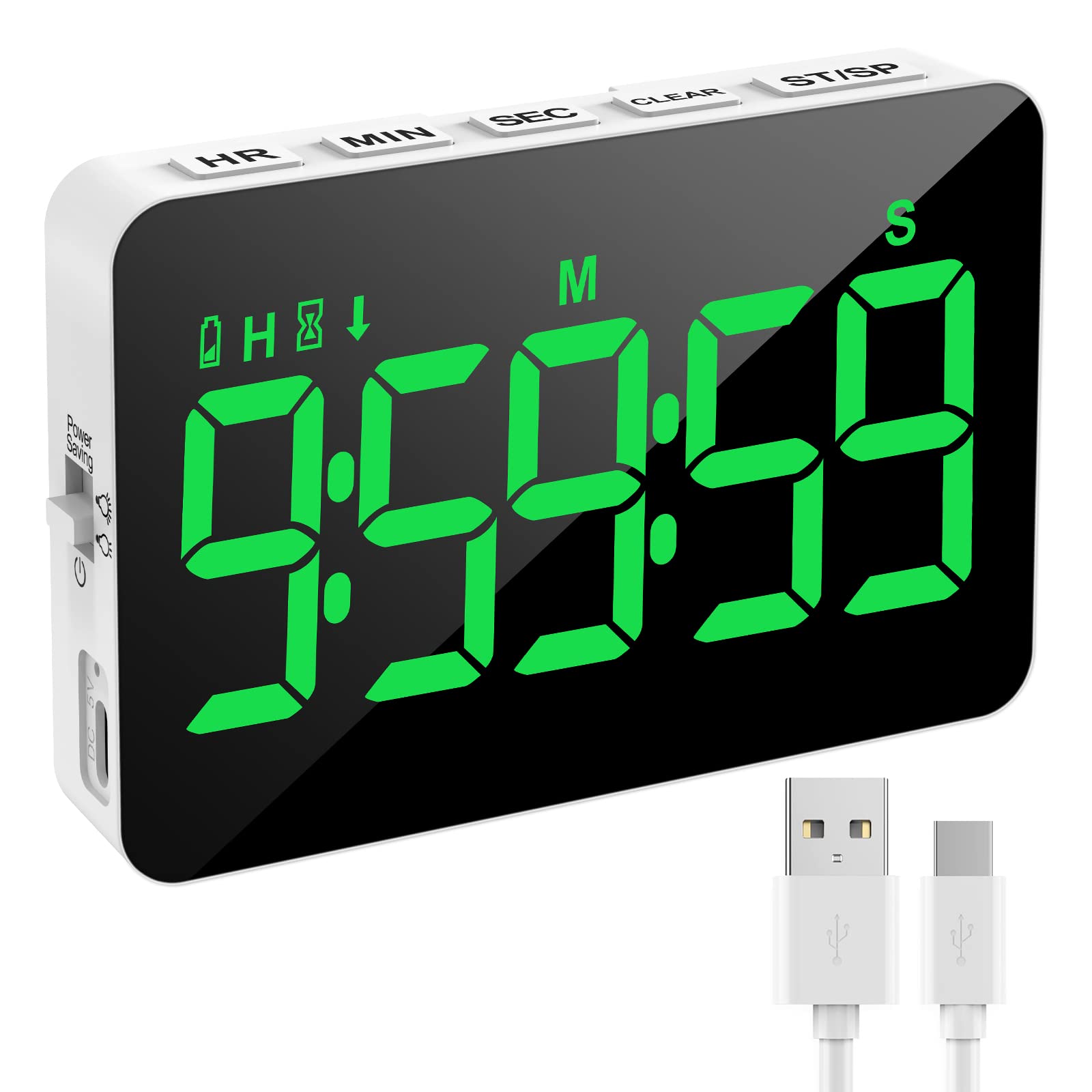 Digital Kitchen Timer-Magnetic Rechargeable Cooking Timers Countdown/up with 5”LED Display 3 Brightness 4 Volume Adjustable for Classroom Office Study Home Work Fitness Facial Game for Seniors & Kids