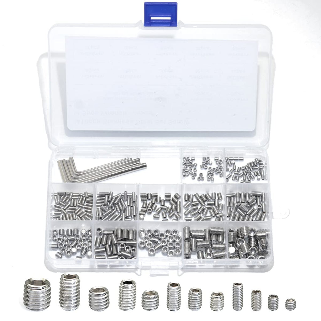 EilxMag 830pcs Metric + Standard SAE Allen Head Socket Hex Grub Screw Set 304 Stainless Steel Internal Hex Drive Cup-Point Screws Assortment Kit (M3-M8, 1/8"-40 to 5/16"-18)