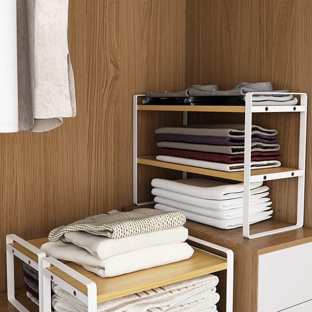 Desktop Organizer Shelf, 2 Tiers Desktop Storage Shelf, Desk Shelf Storage Rack, Metal and Wooden Desktop Countertop Bookshelf, Small Display Shelf for Office, Kitchen, Bedroom, Bathroom, Dorm (White)
