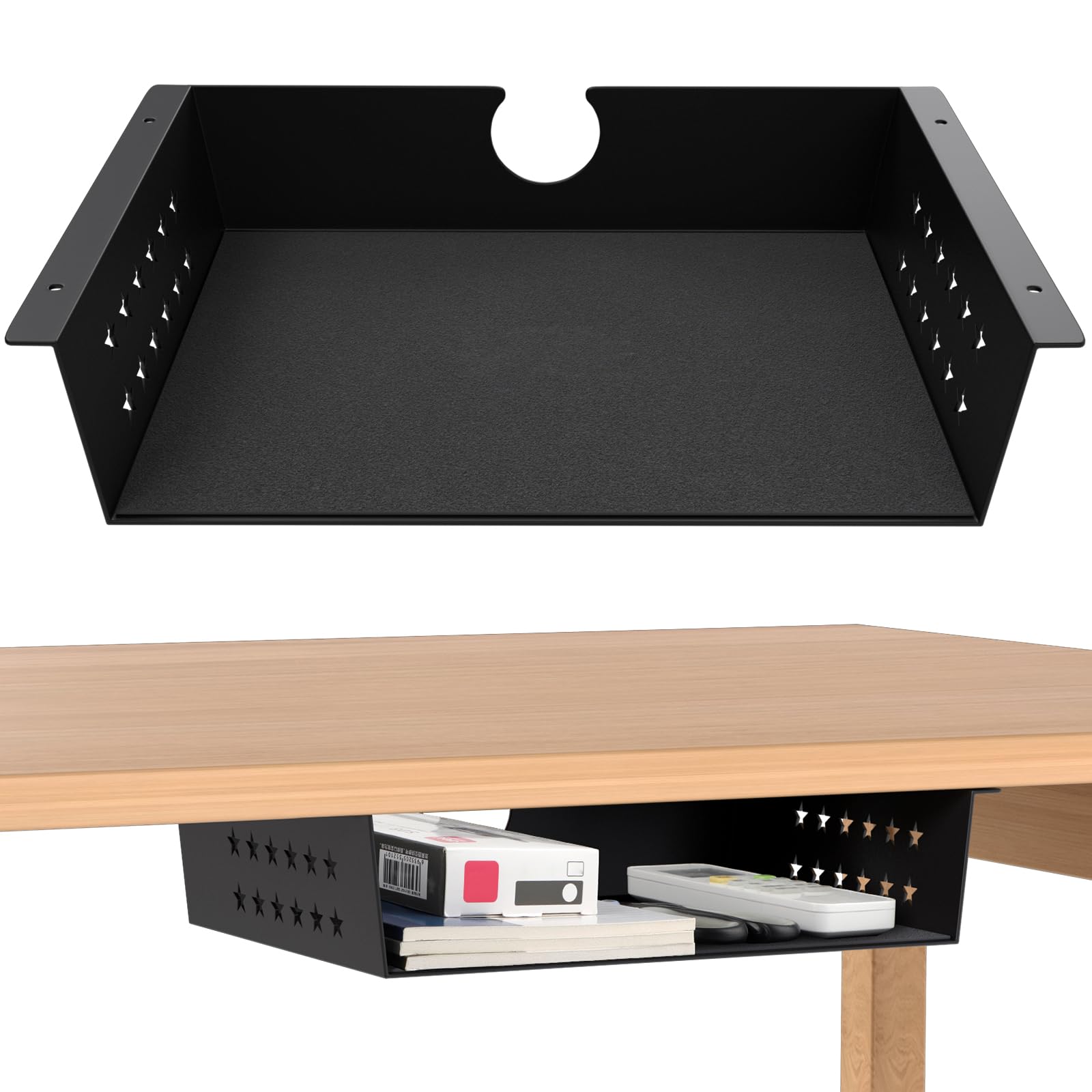 MOLIGOU Under Desk Storage Shelf, Under Desk Tray with Stick-On Felt Pad, Screw Mount Under Table Hidden Storage for Home Office, Kitchen Cabinet