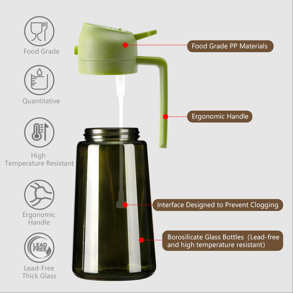 SWEET VIEW 2PCS Olive Oil Dispenser and Oil Sprayer – 16oz/470ml Glass Light-Proof Oil Pourer for Kitchen with Stickers for Air Fryer, Cooking, Salad, and BBQ