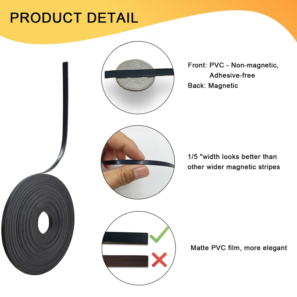 Magnetic Tape Roll Thin Strip, 1/5 Inch x 33 Feet Magnet Tape Line for Classroom Office, Magnetic Boarders for Witeboard (Black)