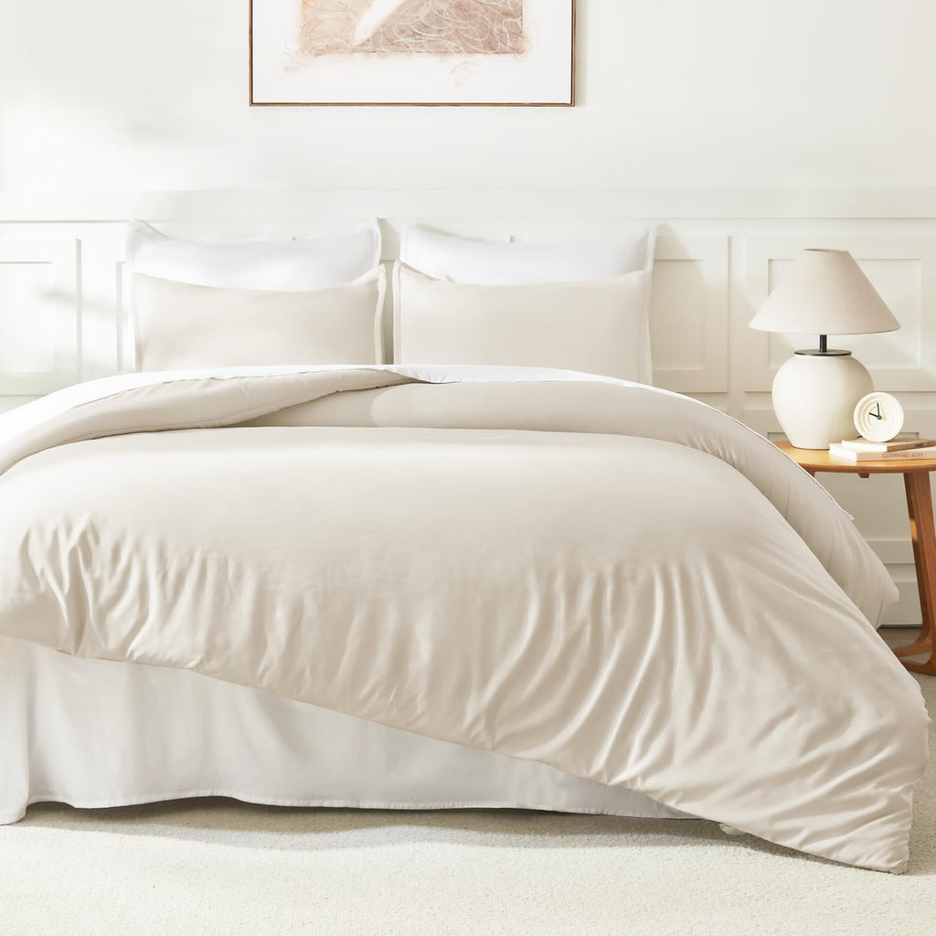 Litanika Queen Comforter Set Beige, 3 Pieces Lightweight Fluffy Solid Bedding Comforter Set, Down Alternative Comforter All Season Bed Set Gift Choice