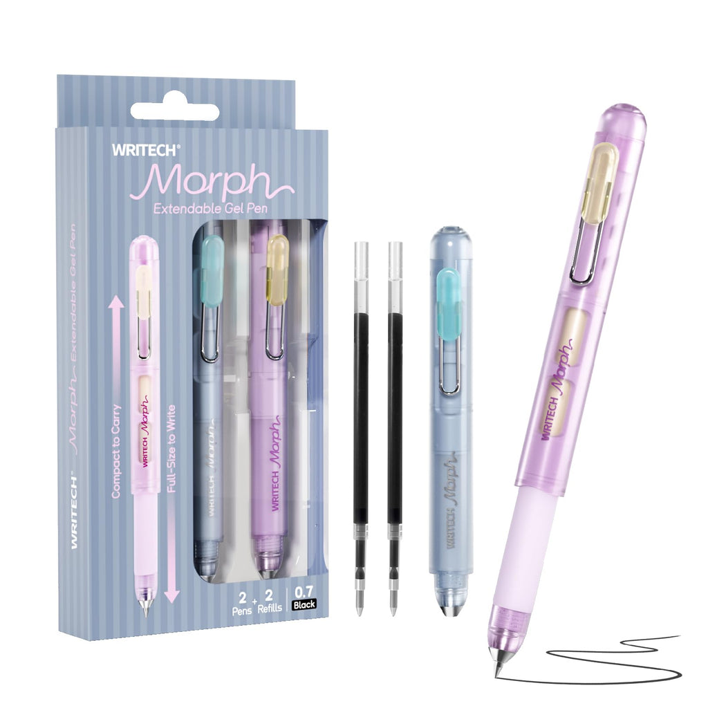 WRITECH Morph Extendable Gel Pen: 0.7mm Medium Point Black Ink Pocket-to-Full-Size Design Translucent Soft Grip Barrel Includes 2 Pens and 2 Refills Dual-Length Pocket Pen 4.6" to 6.1"
