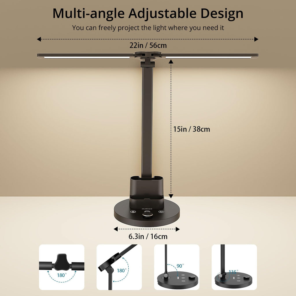 Semlos 10W LED Desk Lamp for Home Office, Touch Control, Adjustable Brightness, 3000K-6500K Color Temp, 45-Min Timer, Reading Mode, Dual-Arm Table Light with Charger & Pen Holder, Black