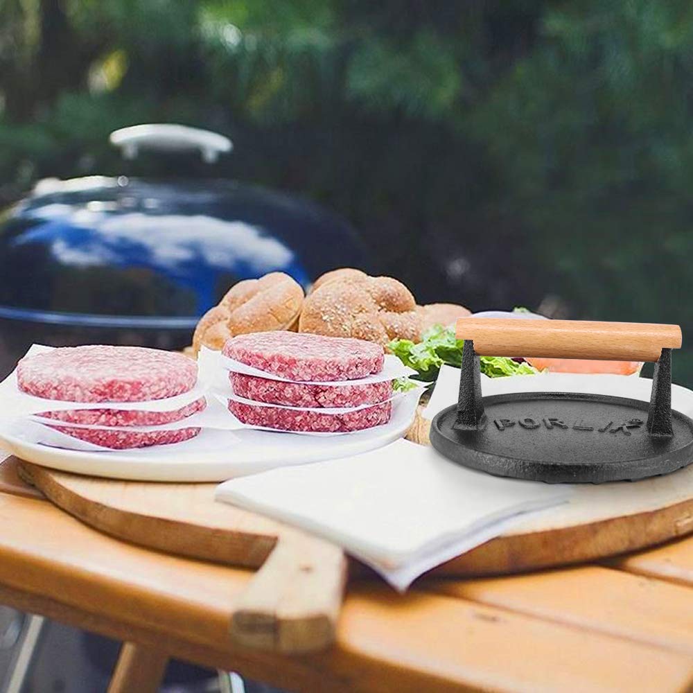 Cast Iron Grill Press,Griddle Press with Cool-Touch Wood Handle,Burger Smasher for Griddle,BBQ Grilling Accessories (Round Press)