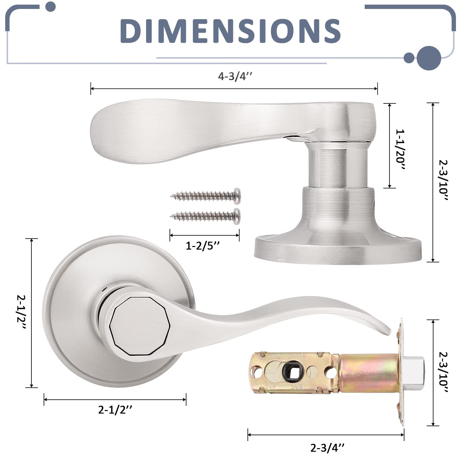 Probrico (1 Pack) Passage Door Lever [Non-Locking Lever Set], Non-Locking Door Handle Set for Hallway or Closets, Keyless Satin Nickel Finish Wave Door Lock, Reversible Right & Left Side Handed