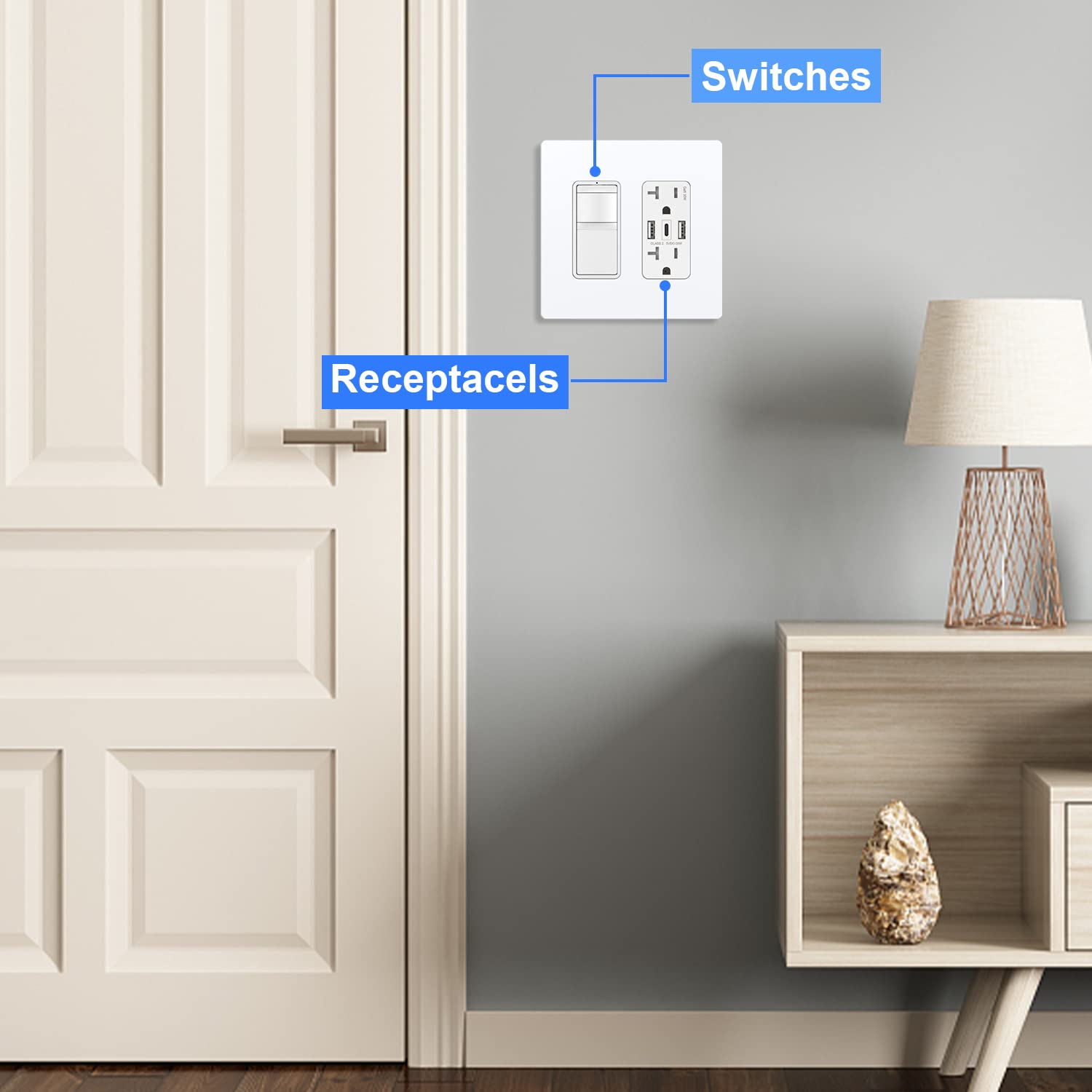 Amerisense Outlet Cover, Screwless Decorator Wall Plate, Light Switch Power Plug Cover, 2-Gang Standard Size, White, 5 Pack,UL Listed