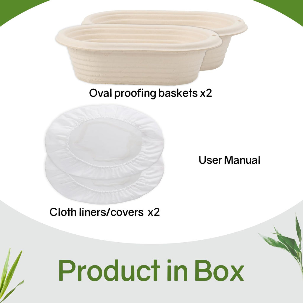 2 x 10inch/25cm Oval Sourdough Banneton Pulp Bread Proofing Basket with 2pcs Linen Liners Covers for Professional and Homemade Artisan Bread Baking Supply