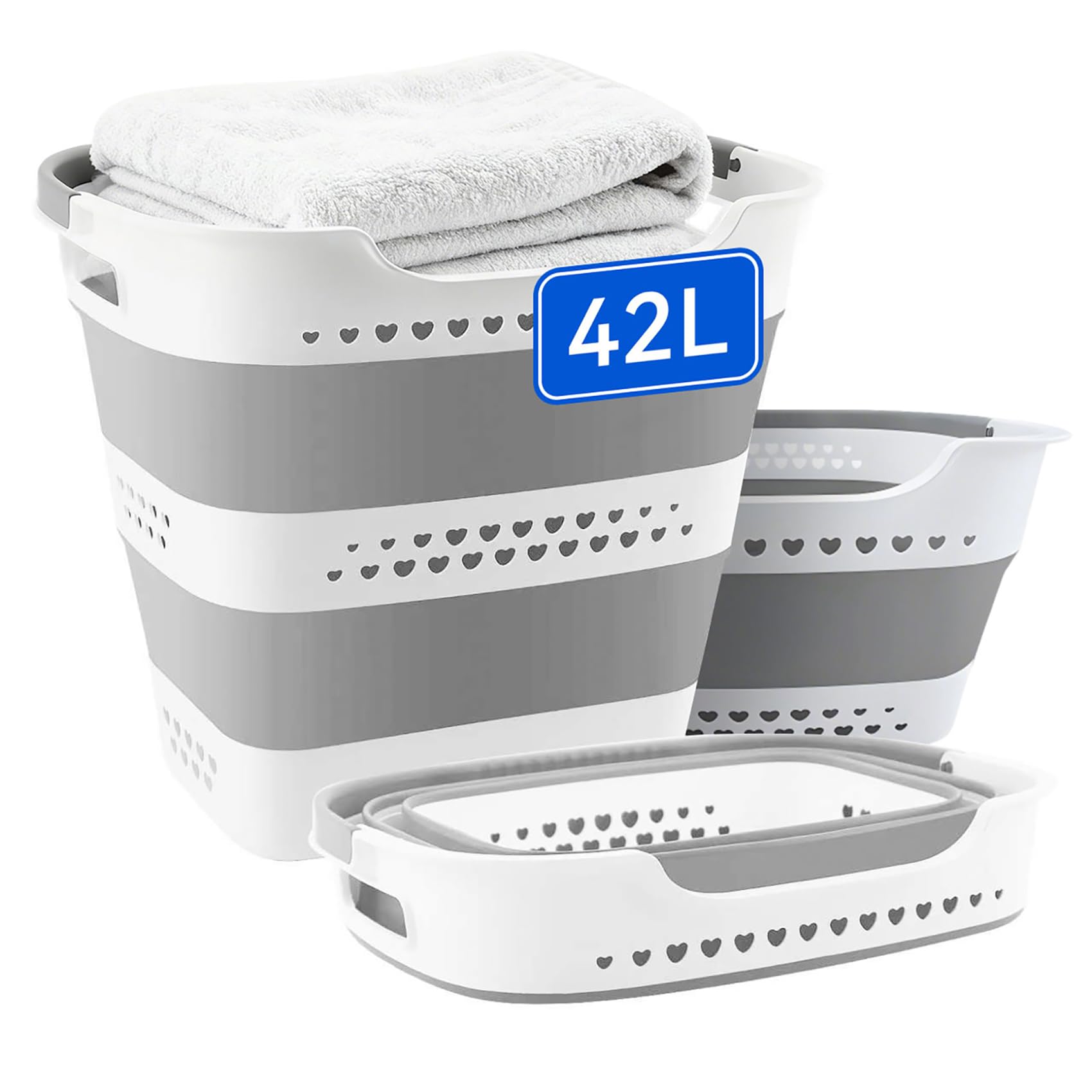 Collapsible Plastic Laundry Basket Hamper with Handles, Foldable Laundry Basket, Pop Up Storage Container Organizer for Washing Storage (1, Gery, 42L)