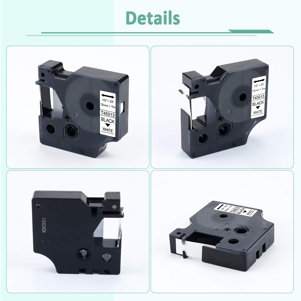 5- Pack Compatible 12mm 45013s Refills for D1 45013 S0720530 Black on White Label Maker Tape Cassette for LabelManager 160 210D 450 280 420P PnP 220P 360D, 0.47 Inch x 23 Feet