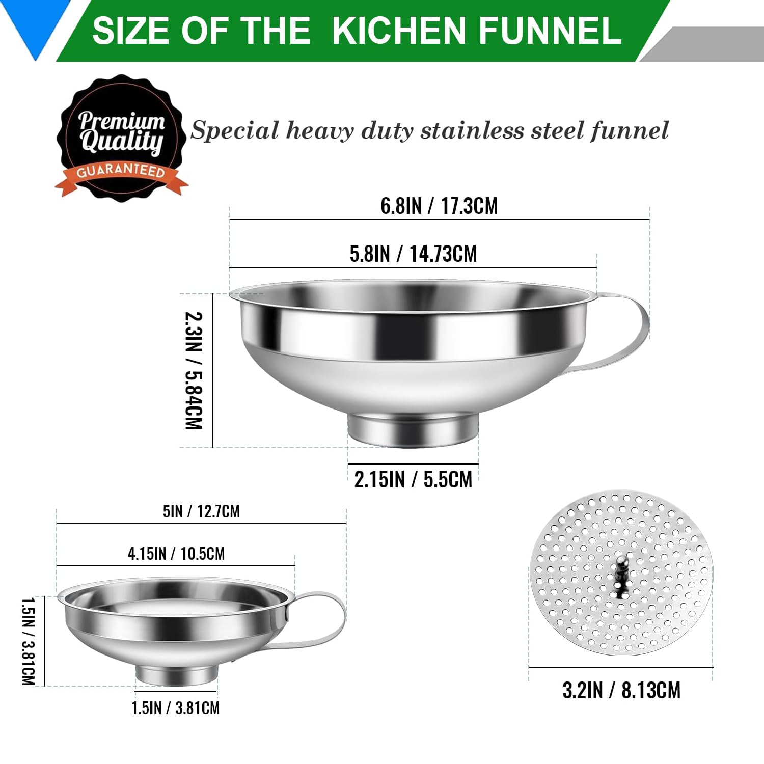 AMZVIO 3PCS Canning Funnel with Strainer for Wide and Regular Mason Jar,Wide Mouth Metal Funnels for Kitchen Use, Stainless Steel Funnels for Filling Bottles Mason Jars (Wide Funnel Set)
