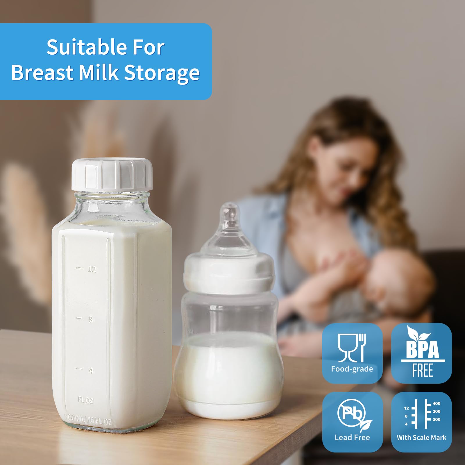Syntic Glass Juice Bottles with Airtight Lids, 3 Pack Clear Glass Water Bottles with 2 Pour Spouts - 16 Oz Reusable Milk Jug w Scale Mark for Juicing Containers, Breast Milk Storage, Drinking Jar