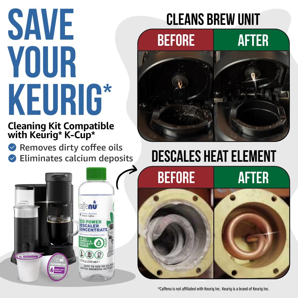 Keurig Compatible Descaling Solution and Cleaner. 2 Descaler, 4 Cleaning Pods. Removes Limescale & Cleans Pod Area. Better Tasting & Hotter Coffee. 4 Uses of Descaler & Cleaner.