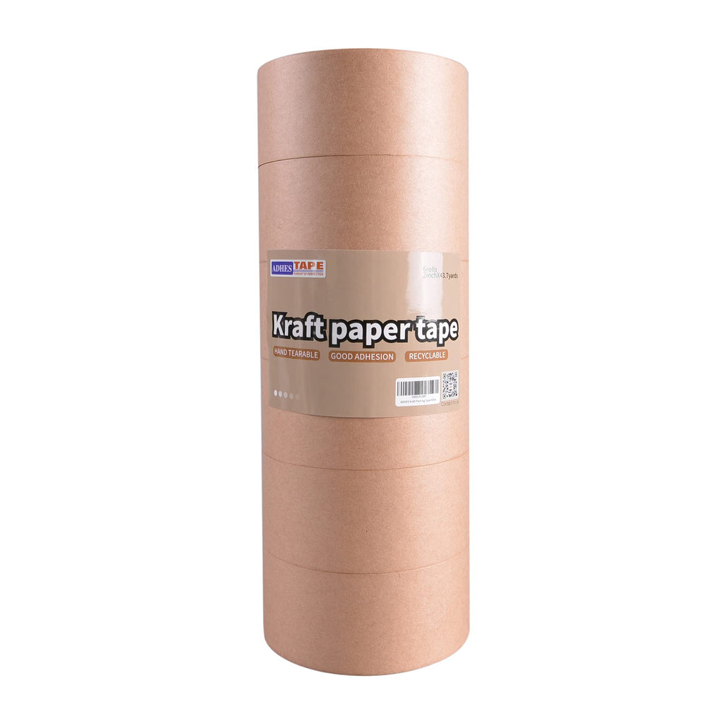 ADHES Heavy Duty Paper Packing Tape Kraft Paper Tape, Eco Friendly & Biodegradable, Writable & Uncoated Brown Packing Tape for Masking, Sealing, and Packaging Use, 2 Inch x 43 Yards, 6 Rolls