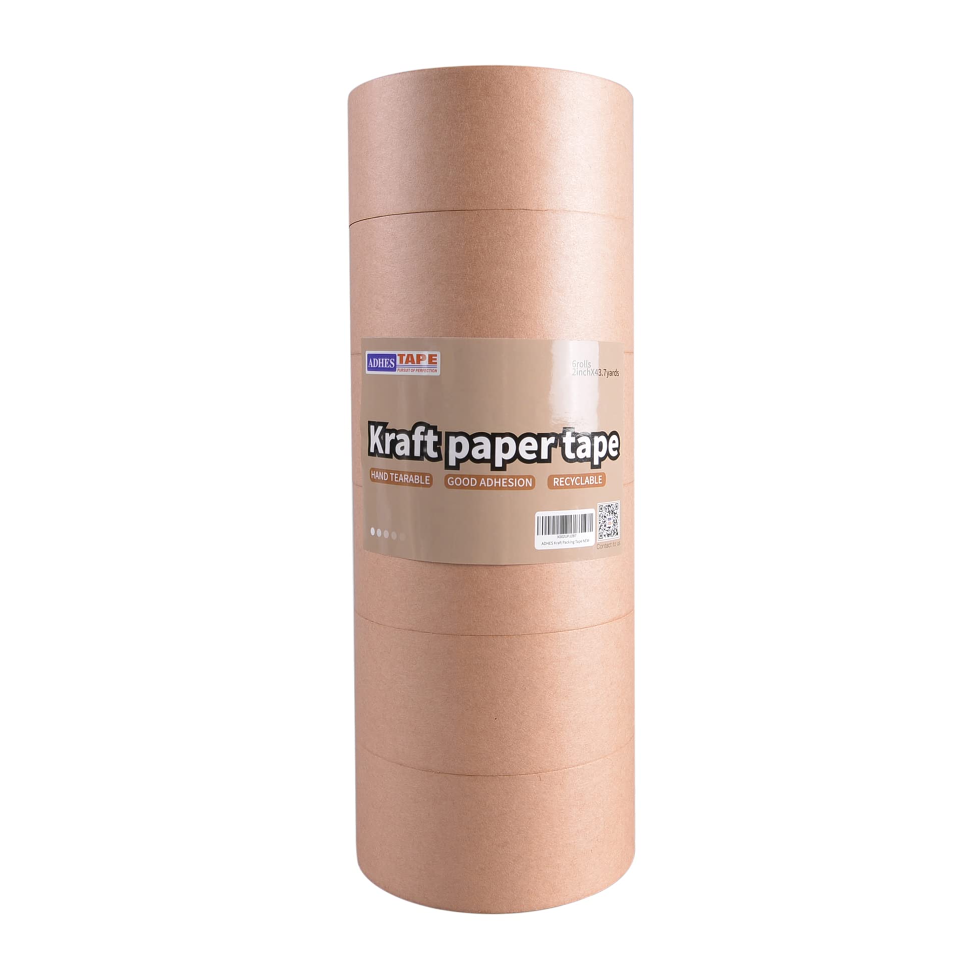 ADHES Heavy Duty Paper Packing Tape Kraft Paper Tape, Eco Friendly & Biodegradable, Writable & Uncoated Brown Packing Tape for Masking, Sealing, and Packaging Use, 2 Inch x 43 Yards, 6 Rolls
