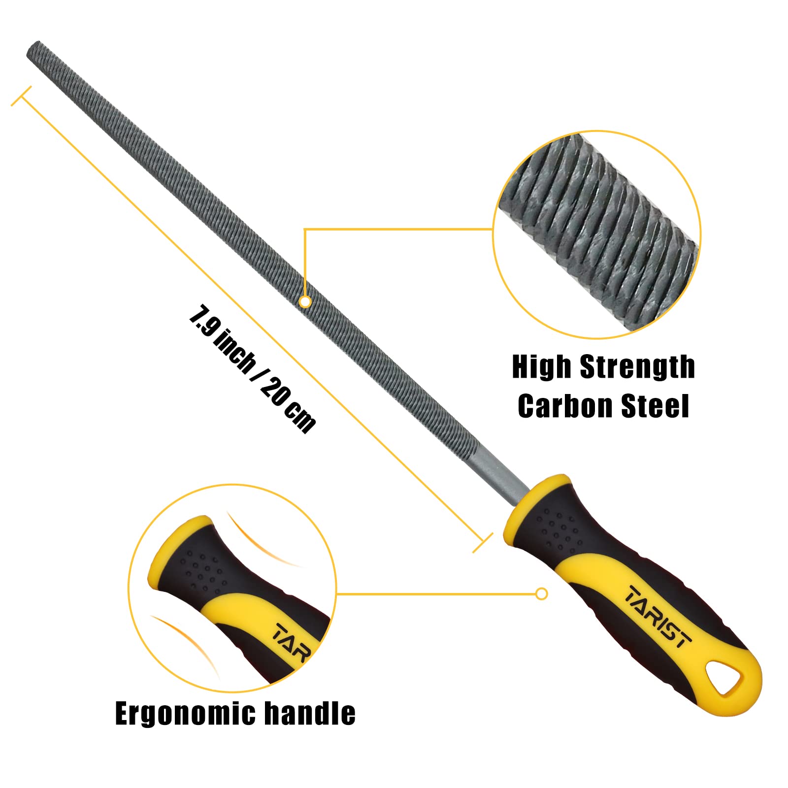 TARIST Metal File Set, 3-Piece, 8-inch,Professional Carbon Steel, Includes Flat/Half-Round/Round,Work for Metal, Wood and More