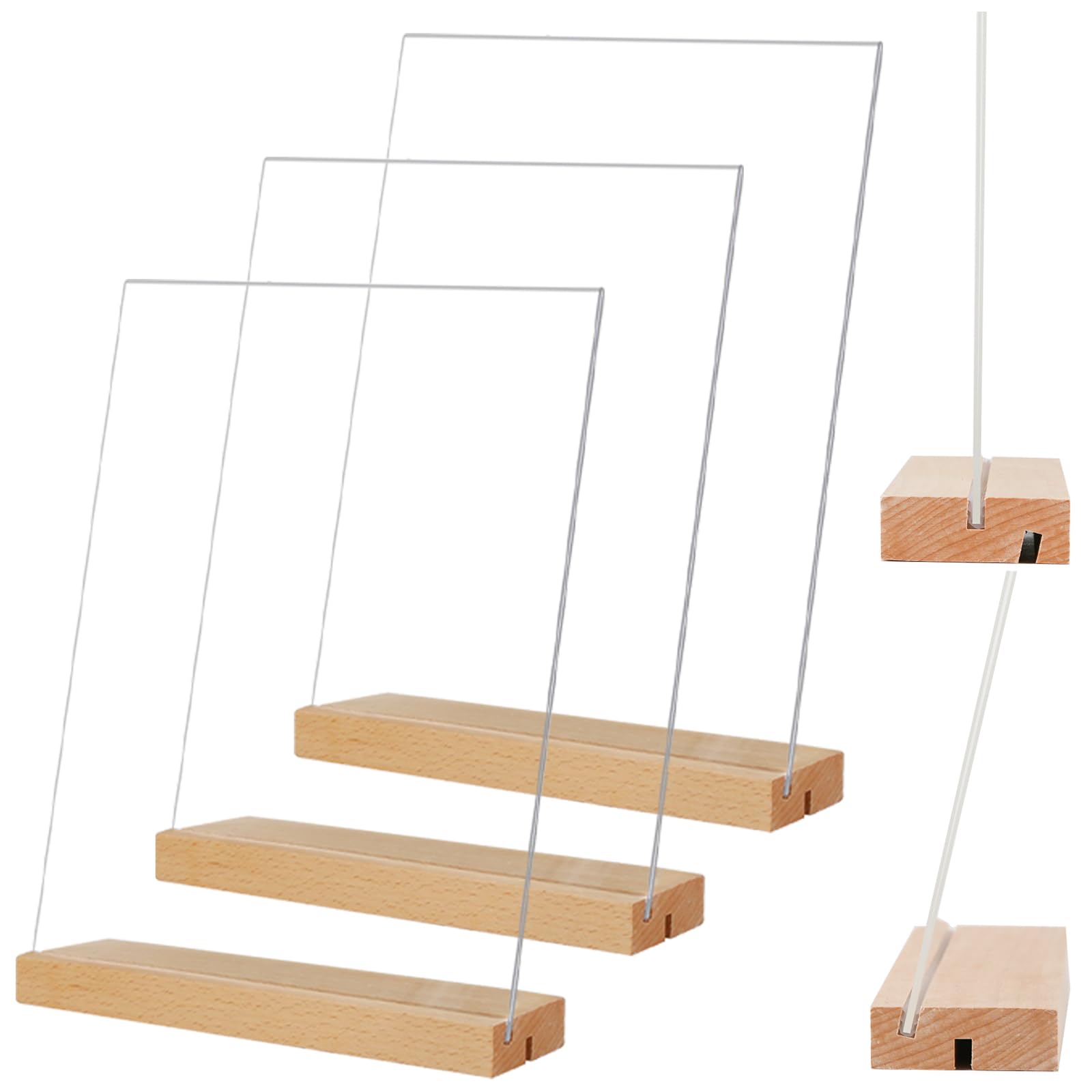 TONICE 5x7 Acrylic Sign Holder with Wood Base 3 Pack L/T Shape Vertical or Slant Back Display for Wedding, Restaurant, Store, Office, Hotel