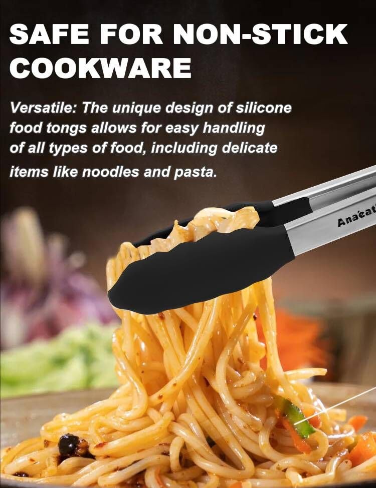 Anaeat Non-Stick Silicone Locking Tong Set of 3 - Stainless Steel 7", 9", 12" Kitchen Food Tongs with Non-Slip Silicone Tips and Grip for Baking, Cooking and BBQ - Heat Resistant up to 480°F (Black)