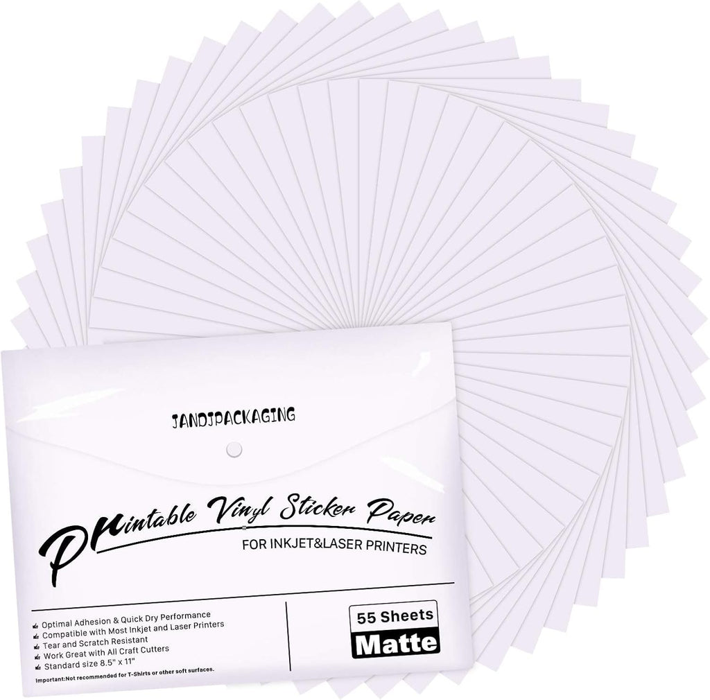 Printable Vinyl for Inkjet Printer - 55 Pack Matte White Printable Vinyl Sticker Paper Dries Quickly Vivid Colors, Holds Ink Well, Tear Resistant, Inkjet & Laser Printer by JANDJPACKAGING