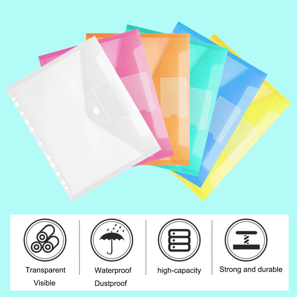 24PCS Binder Pocket Plastic File Folder A4 Waterproof Binder Folders with Pockets for Documents and Snap Button for School Home Work Office,6 Colors