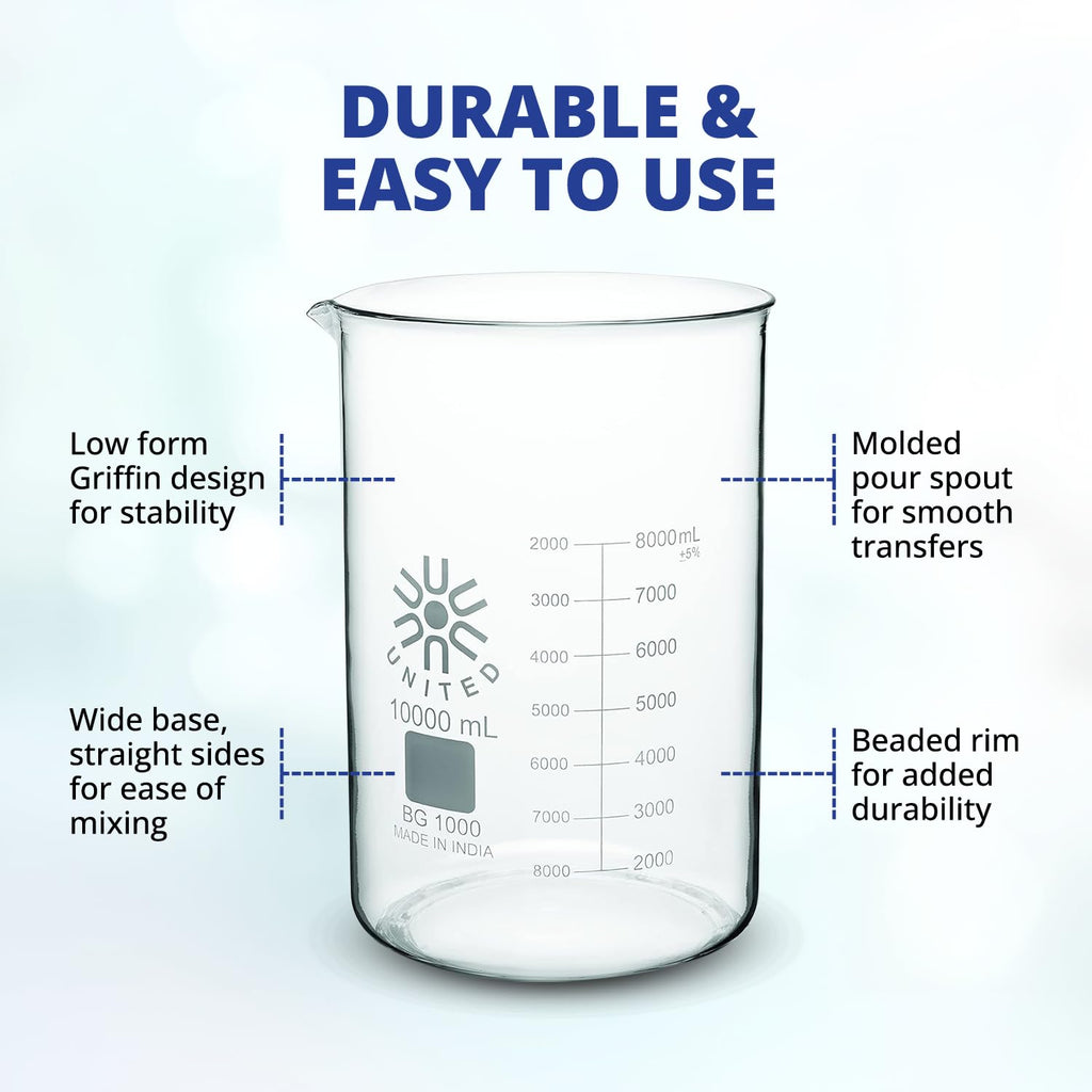 United Scientific BG1000-2000 Borosilicate Glass Low Form Beaker, 2000ml Capacity