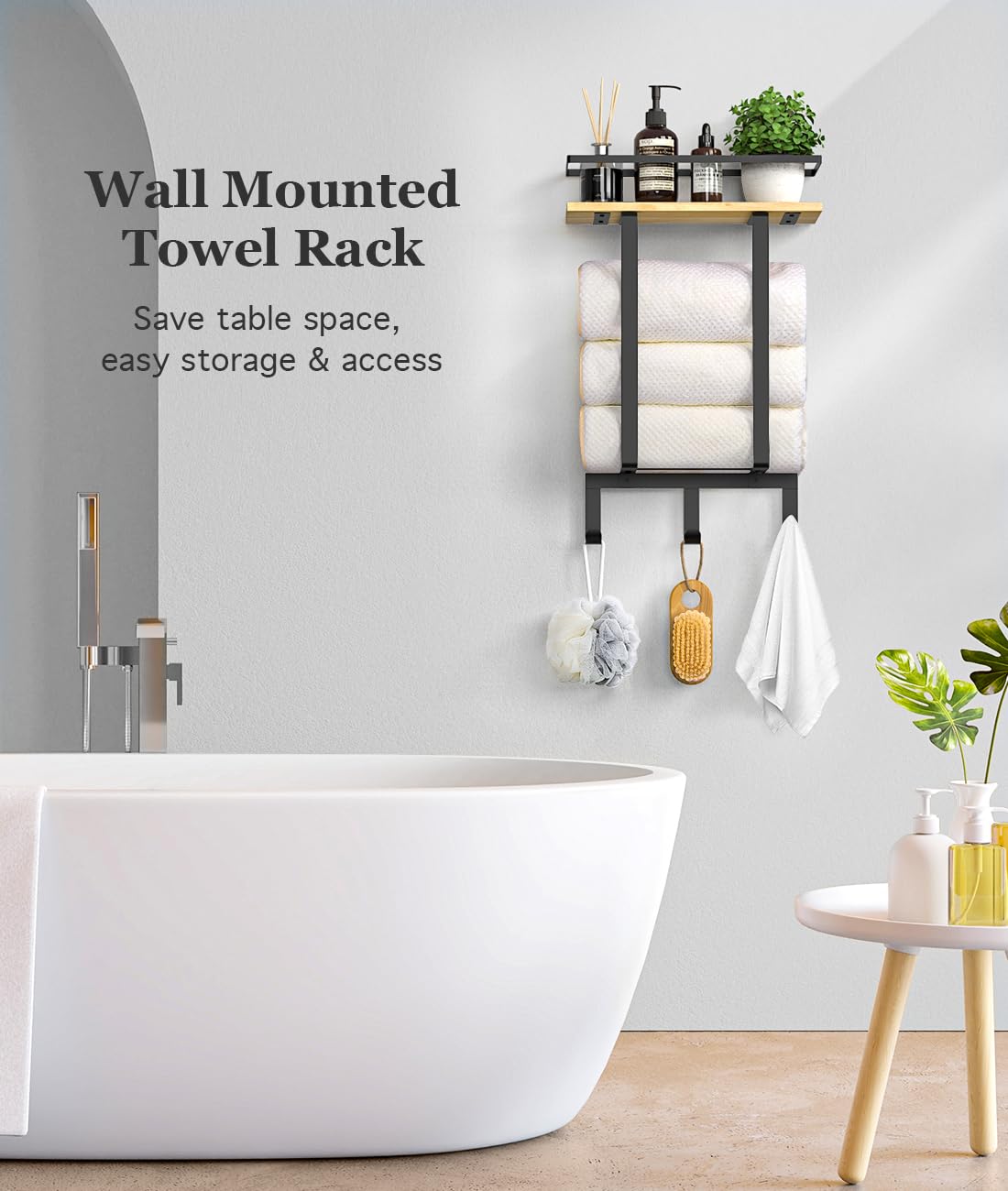 Luxspire Towel Racks for Bathroom Wall Mounted, Towel Holder Wall Mounted with Wooden Floating Shelf & 3 Metal Hooks, Rolled Towel and Hand Towel Rack for Bathroom, Black + Wood