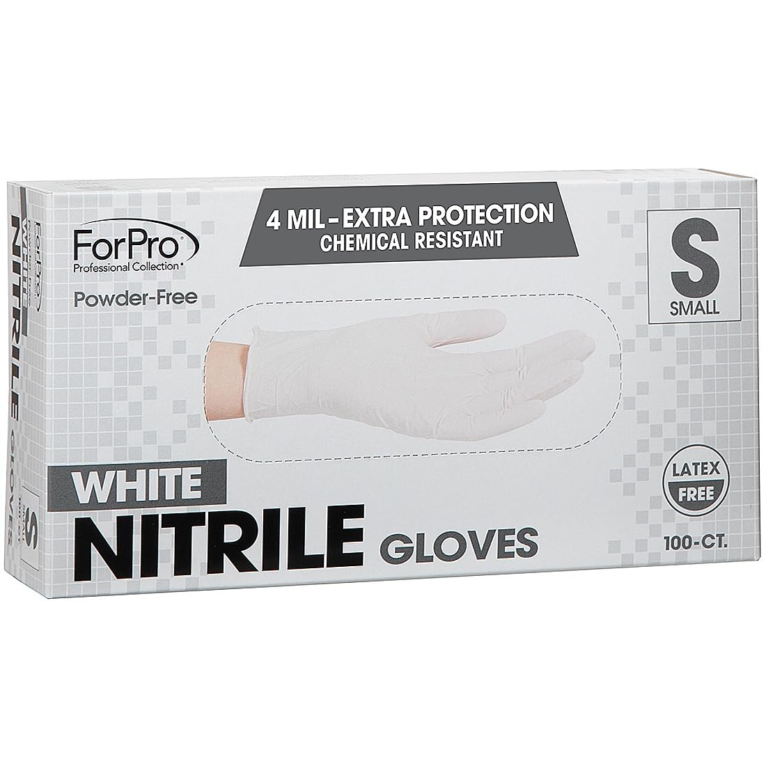 ForPro Professional Collection Disposable Nitrile Gloves, Chemical Resistant, Powder-Free, Latex-Free, Non-Sterile, Food Safe, 4 Mil, White, Small, 100-Count
