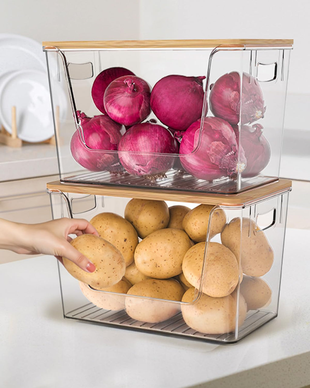 2 Pack Potato and Onion Storage Bin, Stackable Clear Fruit and Vegetable Storage, Acrylic Pantry Organizers and Storage with Bamboo Lid for Potato Onion Produce Vegetable Storage (Clear, XL-2 PACK)