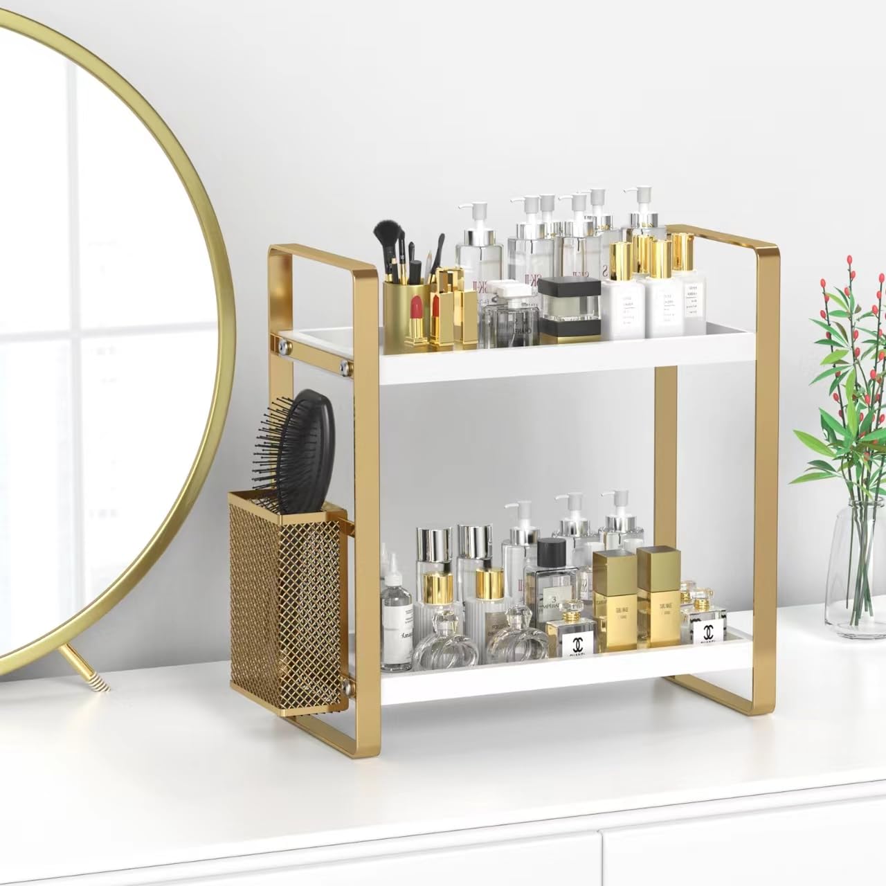 LEMIKKLE Bathroom Counter Organizer with Basket, Skincare,Makeup Organizers for Vanity,Storage Organizers for Bathroom, Kitchen, Dresser（White）