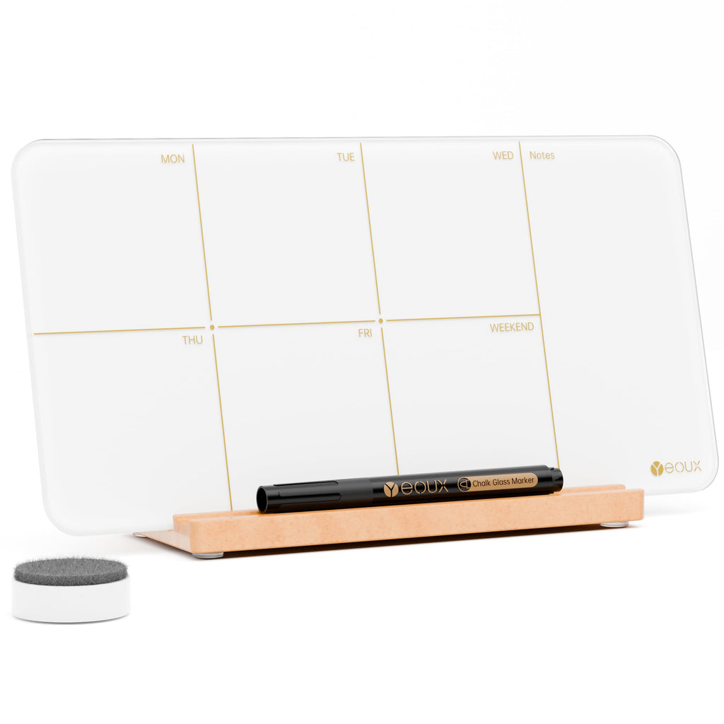 Desktop Glass Weekly Planner Whiteboard with Detachable Wood Stand,Small Portable Dry Erase Calendar to Do List White Board 12x6 for Office, Home, Schools, Marker&Eraser Included, Yeoux
