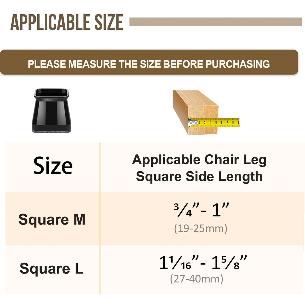 Chair Leg Floor Protectors Square 24PCS Furniture Sliders for Hardwood Floors, Silicone Chair Leg Protectors for Protecting Floors from Scratches and Noise, Black Large（1-1/16" ~ 1-5/8" (27mm-40mm)