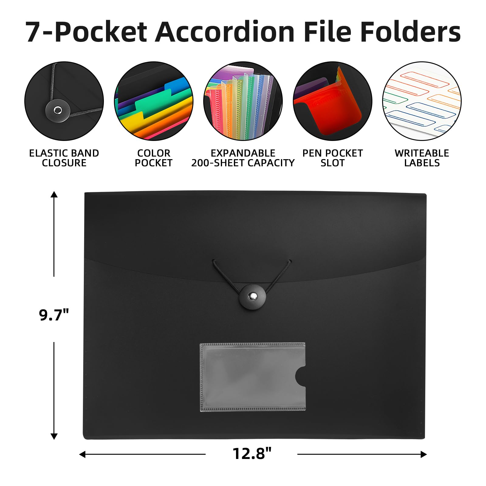5 Pack Accordian File Organizer 7 Pocket Expanding File Folder with Labels, Plastic Expandable File Folder for Documents Letter Size A4 Papers, Ideal for Home, Office Supplies, College Essentials