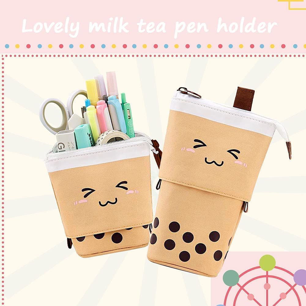 2 Pack Cute Pencil Case Standing Pen Holder Standing Pencil Case Cute Telescopic Kawaii Stationery Pouch Makeup Cosmetics Bag for School Students Office Women Teens Girls Boys,Pink&Brown