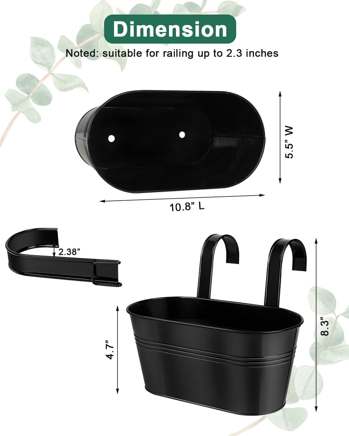 vensovo Metal Railing Planter for Outdoor Plants - 3 Pack Balcony Hanging Planter Box with Detachable Hooks and Drain Holes Oval Hanging Pots Fence Planters for Railing Garden Fence, Black