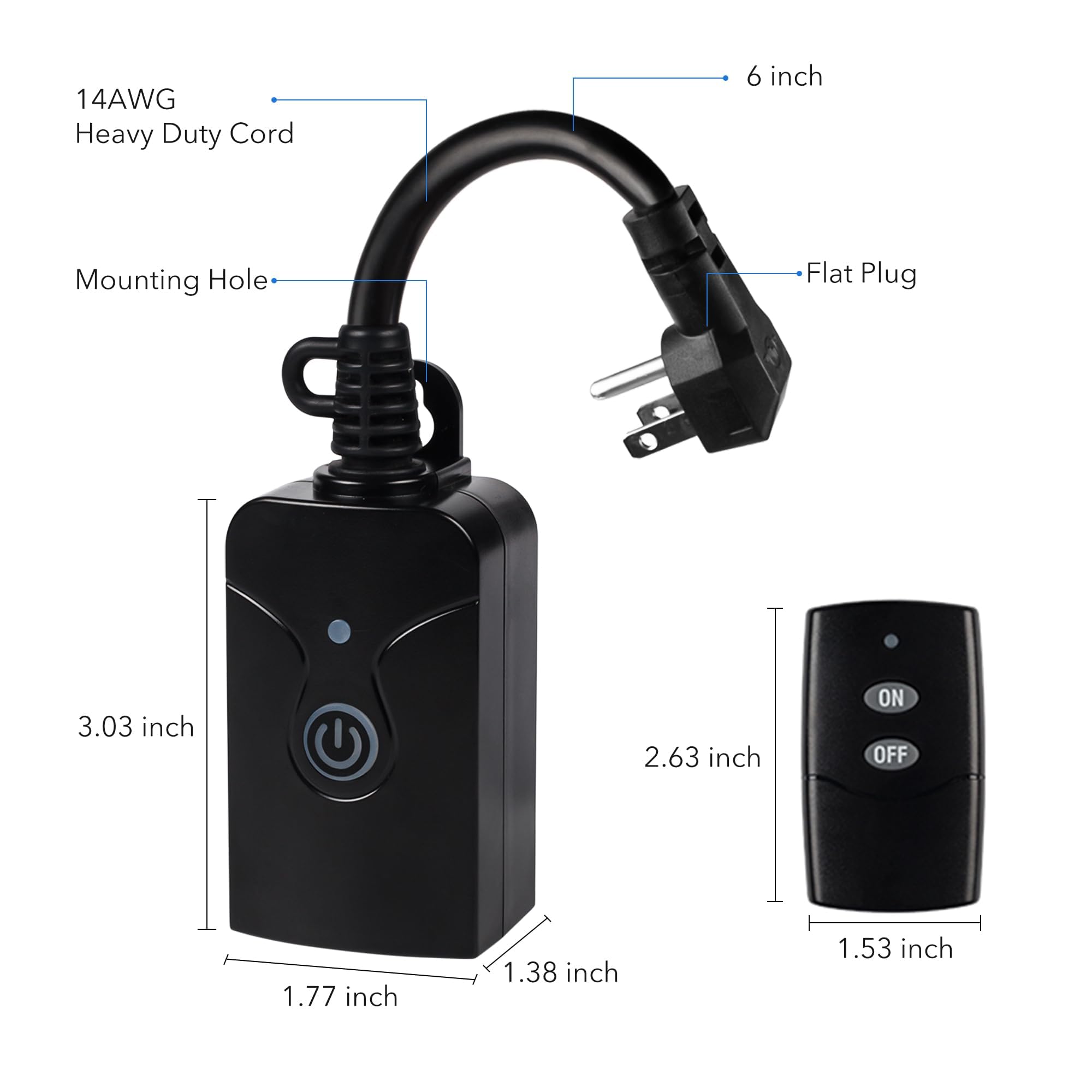 HBN Outdoor Indoor Wireless Remote Control 3-Prong Outlet Weatherproof Heavy Duty 15 A Compact 1 Remote 1 Outlet with Remote 15cm Cord 30m Range ETL Listed (Battery Included)
