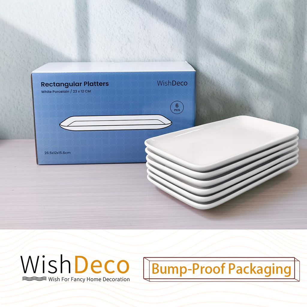 WishDeco Small Rectangle Serving Platters Set of 6, Ceramic Serving Dishes 9 inch / 23 cm, White Serving Tray for Salad, Dessert, Sushi, Party, Side Dish