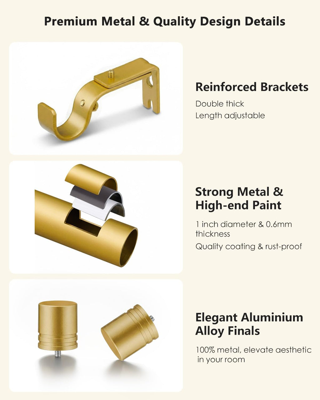 ASULUPHY Gold Curtain Rod, 1 Inch Diameter Heavy Duty Curtain Rods for Window 48-84 in, Long Curtain pole with Thicker Brackets, AdjustableCurtain Rod for Sliding Doors, Living Room, Bedroom, Patio