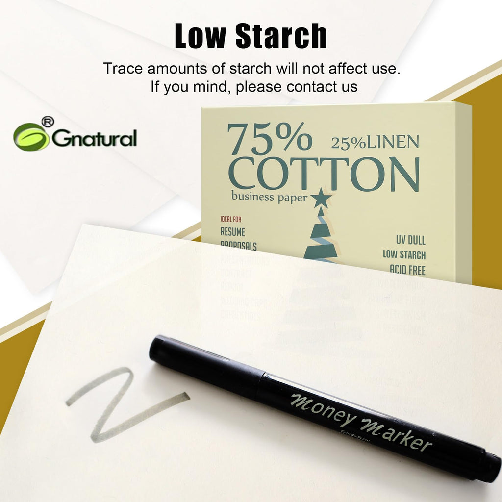 Gnatural 75% Cotton, 25% Linen, Ivory Business Paper, 85 gsm, 8.5" W x 11" L, Non Wet Print Paper, 100 per Box with Low Starch