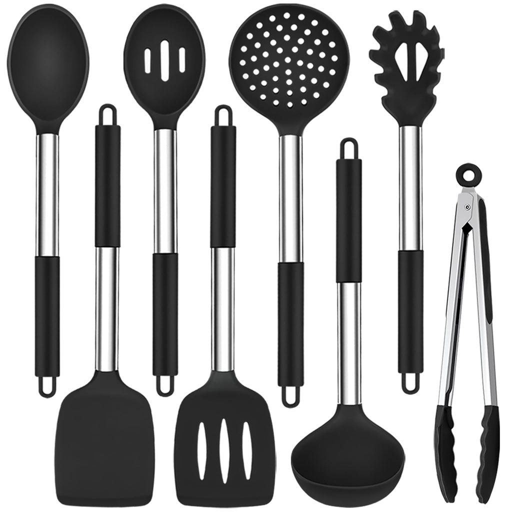 TeamFar Kitchen Utensils Set of 8, Silicone Utensils Kitchen Tools Set with Stainless Steel Handle, for Frying Serving Flipping Draining, Non-Toxic & Heatproof, Nonstick & Dishwasher Safe - Black