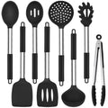 TeamFar Kitchen Utensils Set of 8, Silicone Utensils Kitchen Tools Set with Stainless Steel Handle, for Frying Serving Flipping Draining, Non-Toxic & Heatproof, Nonstick & Dishwasher Safe - Black