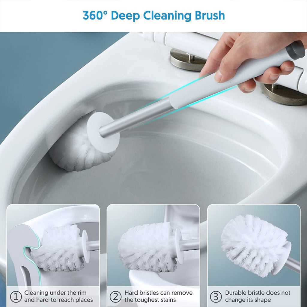 Domi-patrol Toilet Brush and Holder Set 2 Pack, White, Hard Bristle Nylon Toilet Bowl Brushes with Stainless Steel Holder