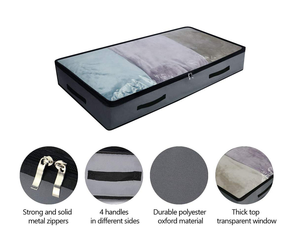 AMJ 2 Pack Soft Underbed Storage Containers with 4 Handles & Transparent Lid for Easy find,Durable Material, Foldable, Dark Gray