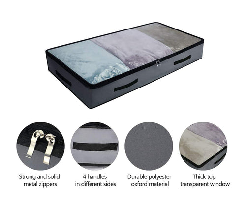 3 Pcs Polyester Oxford Under Bed Storage Bag, Lightweight,Good Resistant Capacity,Transparent View Window in Three Sides, 4 handles totally for easy slide.