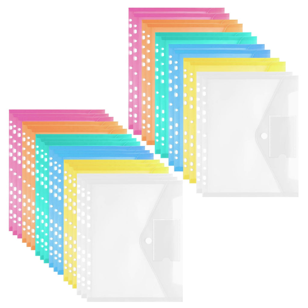 30PCS Binder Pocket Plastic File Folder A4 Waterproof Binder Folders with Pockets for Documents and Snap Button for School Home Work Office,6 Colors