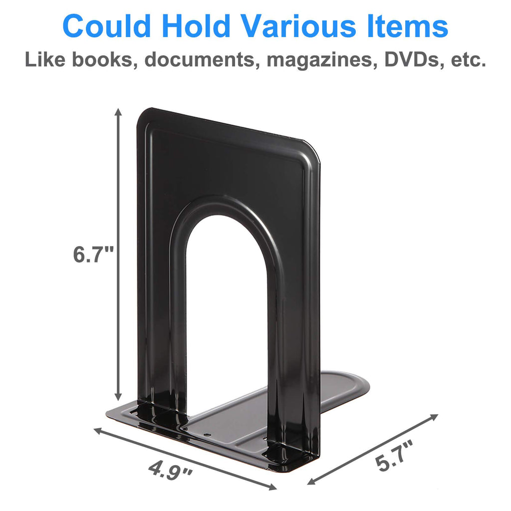 Heavy Duty Bookends for Shelves, Anti-Slip Base, Black, Great for Library, Office, Home, School, 4 Pairs