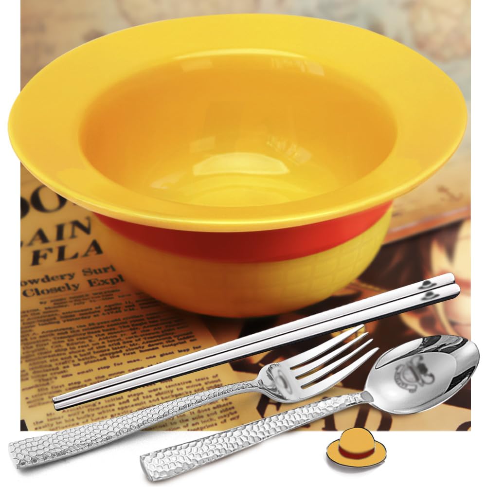 5-in-1 Gift Set - Straw Hat Shaped Ceramic Bowl with Stainless Steel Utensils - Novelty Ramen Bowl for Noodles, Salad, Cereal - Unique Japanese Style Bowl Decor Gift for Anime Lovers