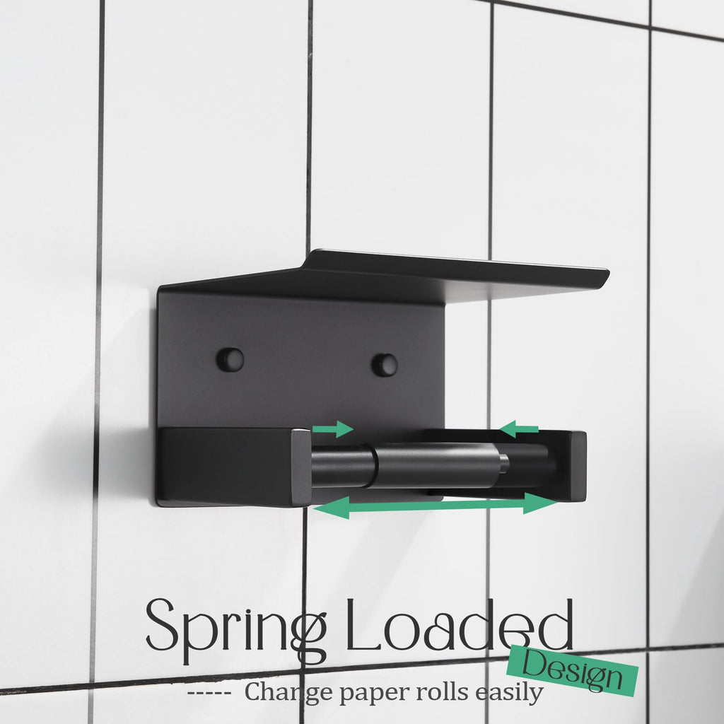 KOKOSIRI Roll Paper Holder Spring Loaded Tissue Paper Holder Bathroom Toilet Roll Holder with Shelf Wall Mounted Stainless Steel Matte Black B2012BK