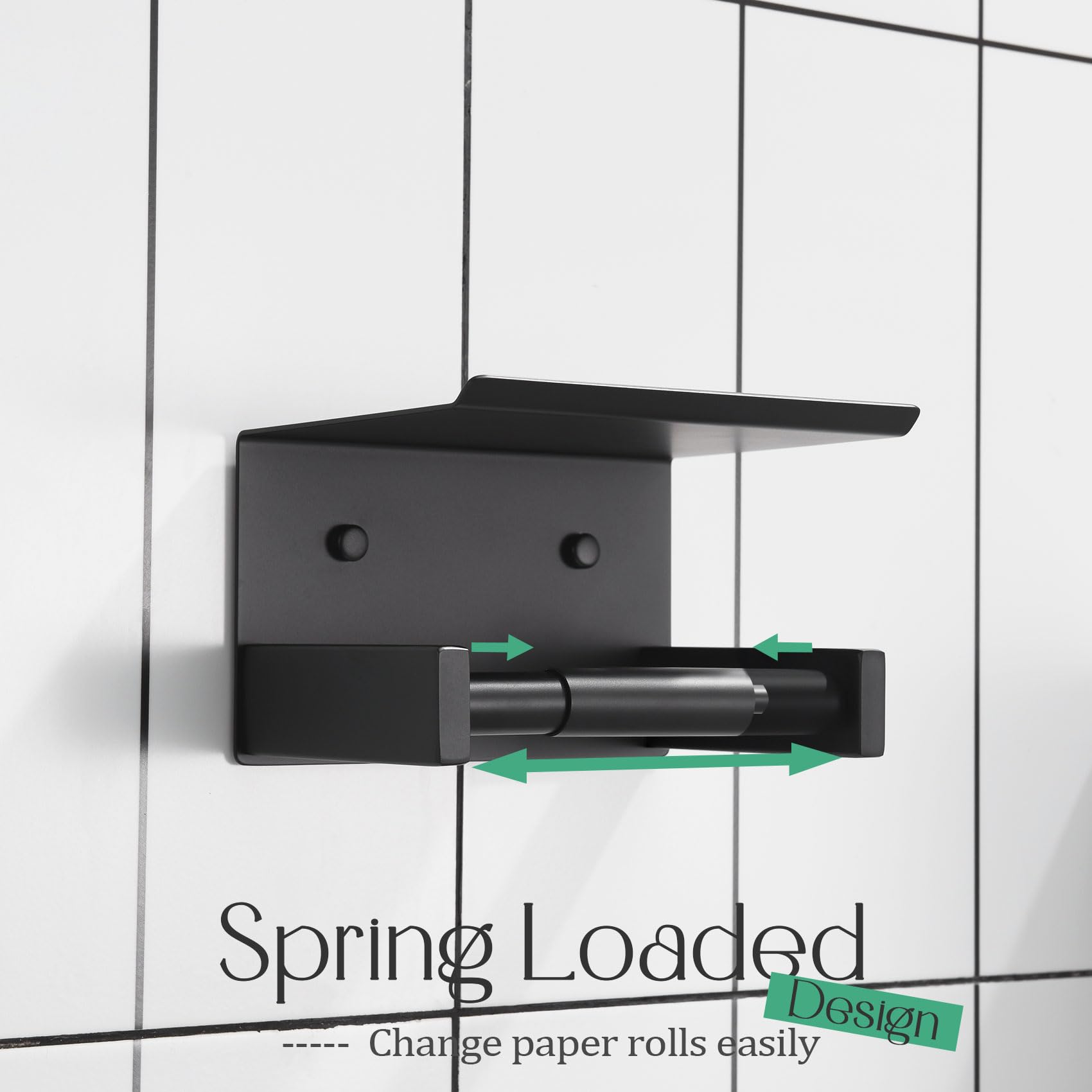 KOKOSIRI Roll Paper Holder Spring Loaded Tissue Paper Holder Bathroom Toilet Roll Holder with Shelf Wall Mounted Stainless Steel Matte Black B2012BK